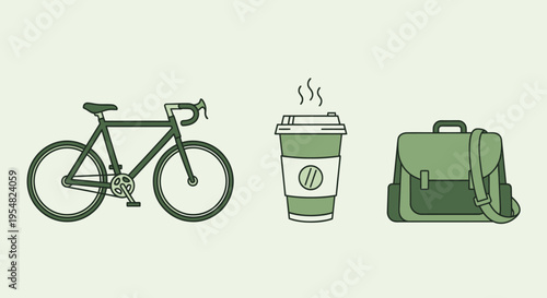 Minimalist line art illustration of urban commuter essentials: a bicycle coffee cup and messenger bag.