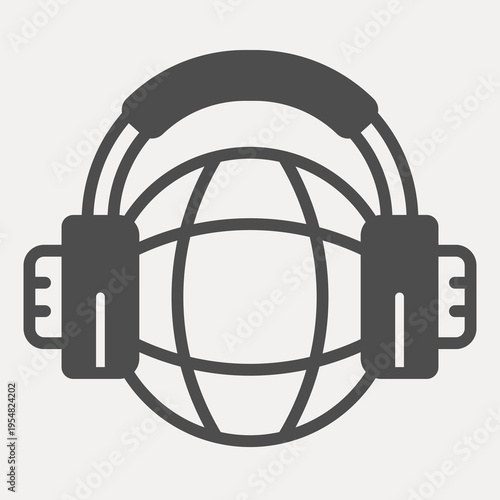 Headphones on planet globe solid icon, teacher day concept. Vector graphics. Education sign and editable stroke, glyph style icon for mobile or web design.