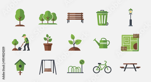 Park and Garden Elements: Trees Bench Trash Can Gardener Plants and Recreation.