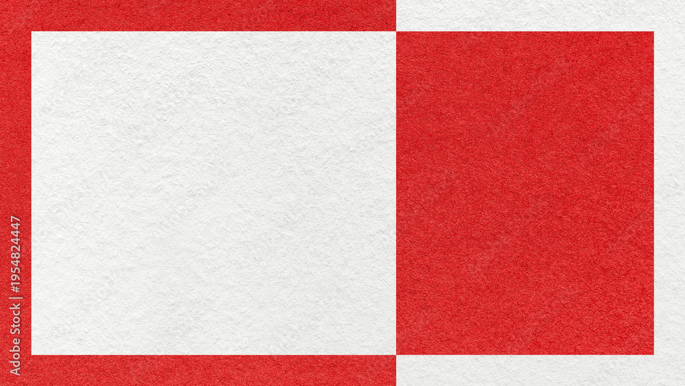 Fototapeta premium Textured white, bright red paper background with frame and geometric panel. Template for presentation with copy space