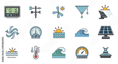 Colorful Weather Climate and Environmental Monitoring Vector Icons Set.