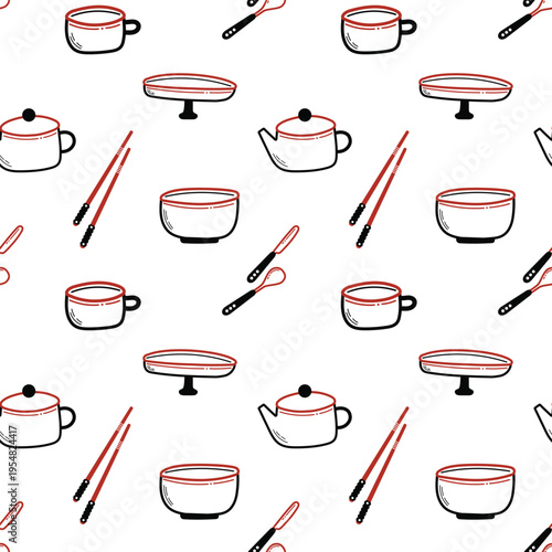 Traditional japanese tableware seamless pattern with teapot and cup
