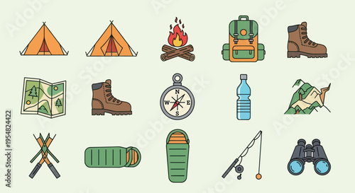 Colorful hand-drawn camping and outdoor adventure gear collection with tents campfire backpack boots map and fishing rod.