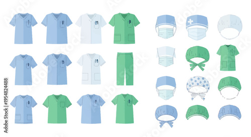 Collection of medical scrubs uniforms caps and masks in blue green and white colors.
