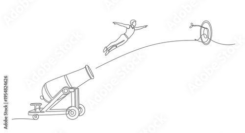Man flying from cannon through target hoop, concept of risk, ambition, and success