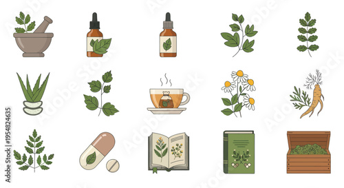Herbal Medicine and Natural Remedies Icons Set: Botanical Health Organic Wellness and Traditional Plant-Based Treatments.