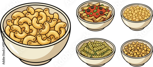 Cartoon Pasta Bowl Collection – Macaroni, Penne, Fusilli and Elbow Noodles in Bowls Vector Illustration Set