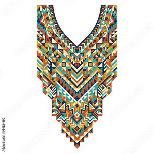 V-neckline garment embroidery design featuring a vibrant and intricate geometric tribal pattern