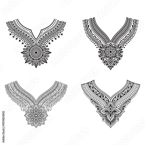 A collection of four decorative neckline embroidery designs featuring ornate floral mandalas