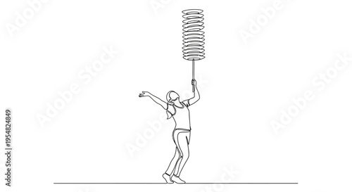 Woman balancing stack of plates on stick, line art illustration