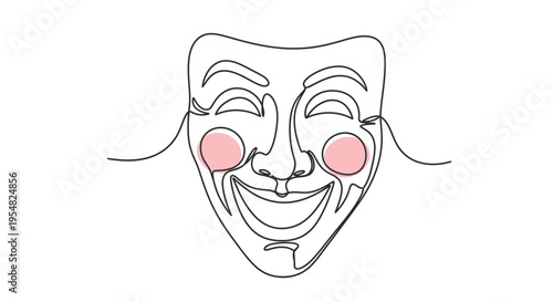 Continuous line drawing of a smiling theatrical mask with rosy cheeks, representing performance and emotion.