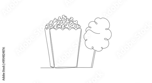 Minimalist Continuous Line Drawing: Popcorn and Cotton Candy