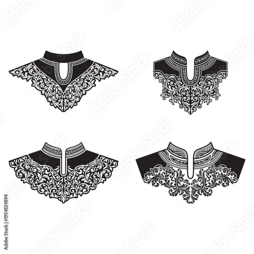 Set of four elegant black and white floral embroidery designs for traditional garment necklines