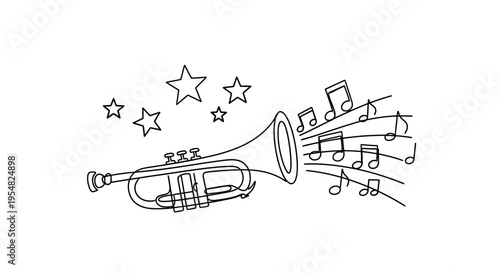 Hand-drawn trumpet with musical notes and stars, black and white sketch