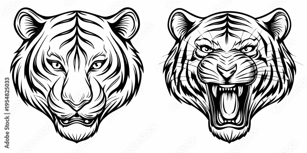 Obraz premium Tiger Head Calm and Roaring Front View Monochrome Line Art