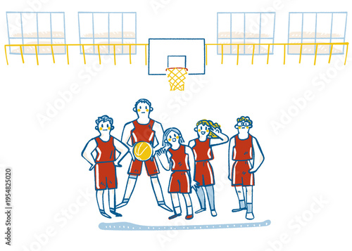 体育館のバスケットゴールを背景に並ぶユニフォーム姿の男女チーム。地域スポーツクラブのメンバー募集や練習風景の案内に最適な手書き風イラスト
