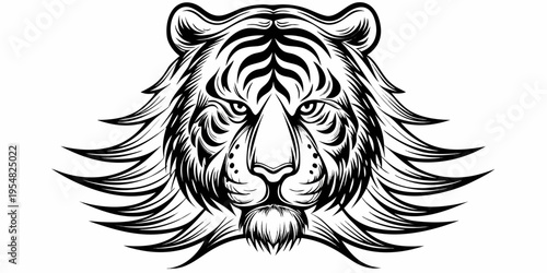 Tiger Head Front View Monochrome Line Art Illustration