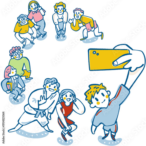 スマートフォンで自撮りをする手と一堂に集う笑顔の生徒や指導者たち 俯瞰的な構図でコミュニティの成功を象徴する部活動地域移行のガイドライン用手書き風イラスト
