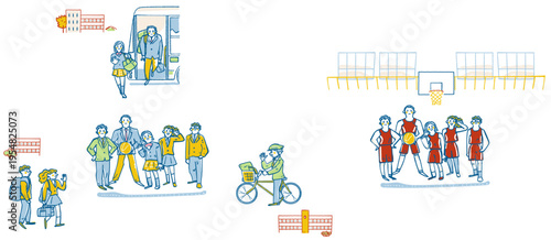 異なる制服の学生たちが集まる学校の枠を超えた地域スポーツ。スクールバスや自転車での移動風景を描いた地域移行ガイドライン用手書き風イラスト
