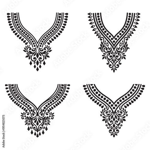 A collection of four elegant black and white vector embroidery designs for garment necklines