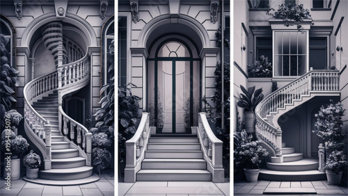 Monochrome illustration of staircase and door of building with plants
