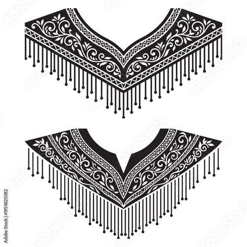 Black and white decorative necklines with intricate floral patterns and hanging fringe elements