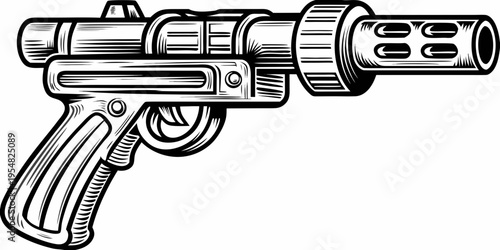 Vintage Sci-Fi Raygun Illustration – Retro Space Blaster Vector – Monochrome Laser Pistol Line Art