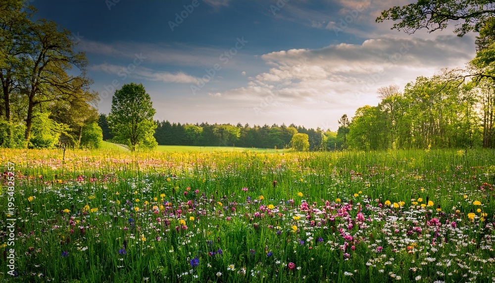 Obraz premium Wildflowers Spring To Summer In The Grass Between Trees