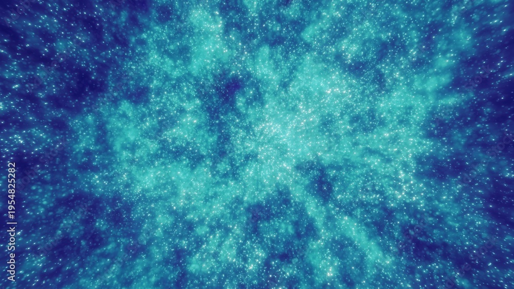 Obraz premium Abstract blue background of small round bokeh particles, beautiful holiday snowflakes, magical snow, energetic bright glowing cosmic stars