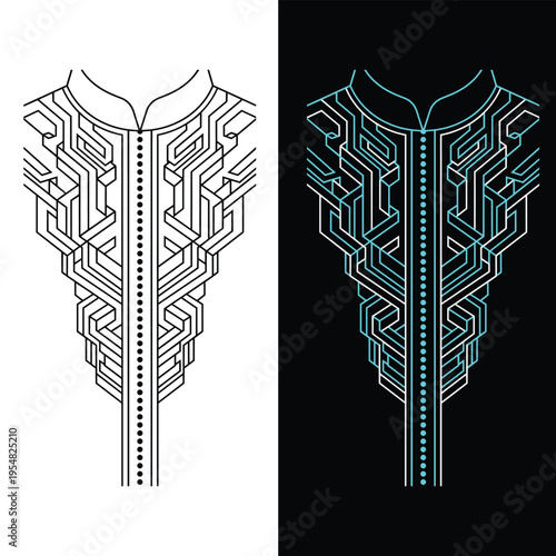 Geometric embroidery design for a traditional kurta shirt neck in black and white color options