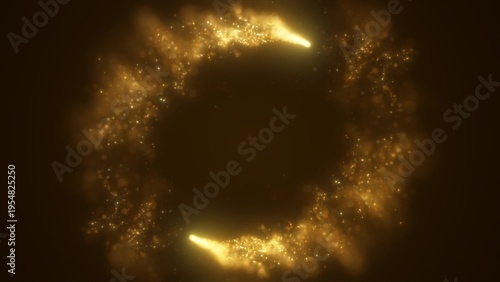 Abstract yellow gold fiery energy lines and cyclic circles with magic bokeh from particles, abstract background
