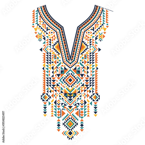 Geometric tribal neck embroidery design with orange blue and teal triangular pattern elements