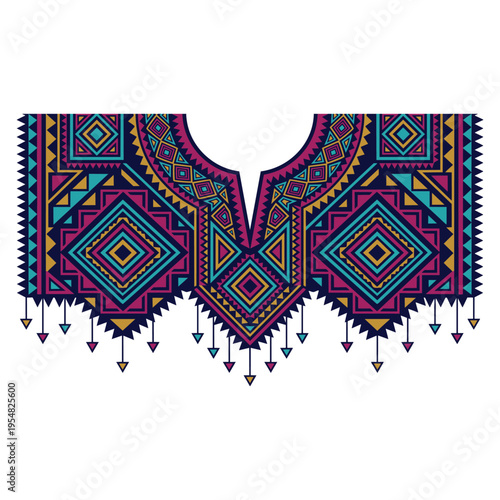 Vibrant tribal neck design featuring intricate geometric patterns and dangling triangular charms
