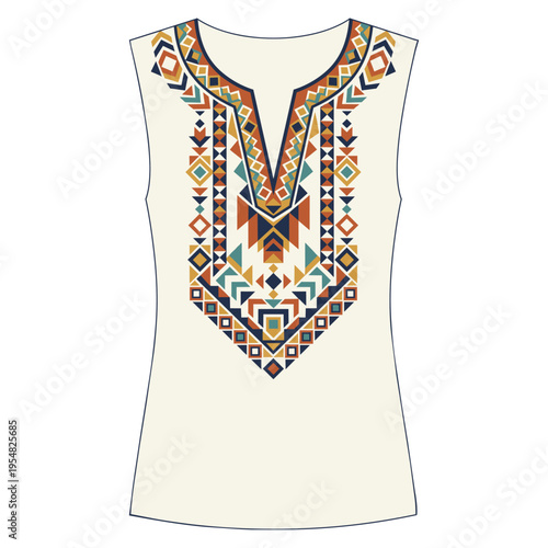 Cream sleeveless top with an intricate bohemian style geometric pattern around the neckline area