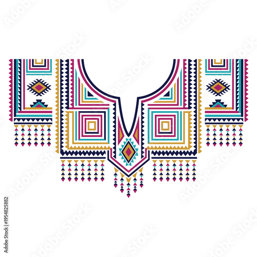 Geometric tribal neck embroidery design with vibrant colorful patterns on a clean white background