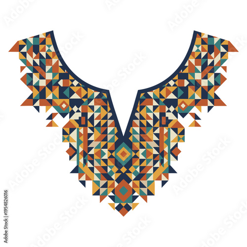 A v-neckline design featuring an intricate geometric pattern with vibrant colorful triangles