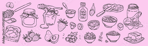 Healthy Breakfast Doodle Set with Honey, Jam, Maple Syrup, Avocado, Berries, Granola and Natural Food Ingredients Collection.