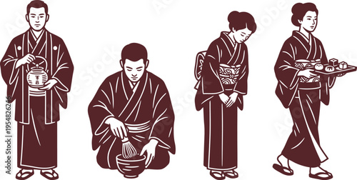 Traditional Japanese tea ceremony illustration set with people in kimonos