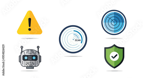 Collection of Vector Icons Representing Technology Security and Warning Symbols.