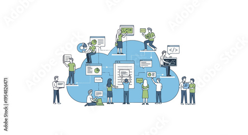 Cartoon Cloud Computing Concept with People Interacting and Data.