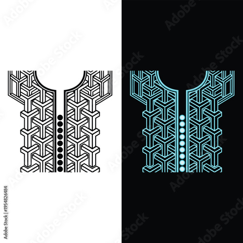Geometric neck design patterns in high contrast black and white with a glowing blue variation