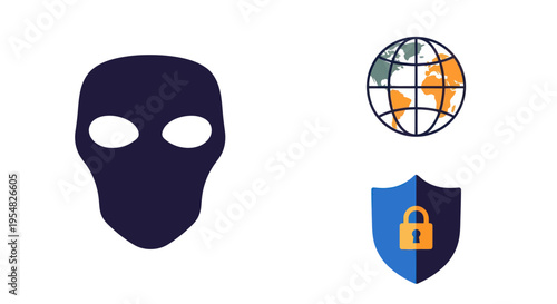 A set of cybersecurity icons featuring an anonymous mask a global network symbol and a security shield with a padlock.