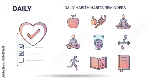 Daily Habit Reminders Icons: Apple Dates Meditation Water Running Reading and Journaling.