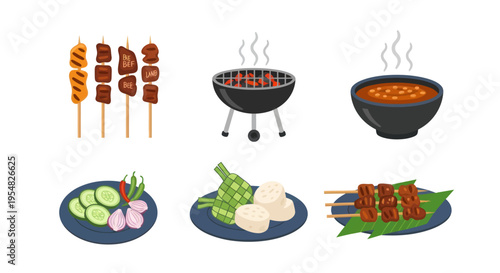Satay food set illustration with grilled meat skewers barbecue grill peanut sauce and traditional side dishes.