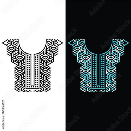 Geometric neckline design featuring intricate tribal patterns in black and white and cyan variations