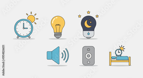 Set of Icons Representing Time Light Sound and Sleep in a Flat Design Style.