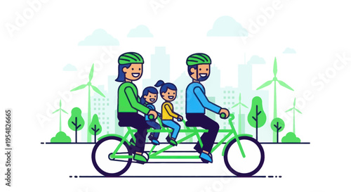 Happy Family Riding a Green Tandem Bicycle Together.