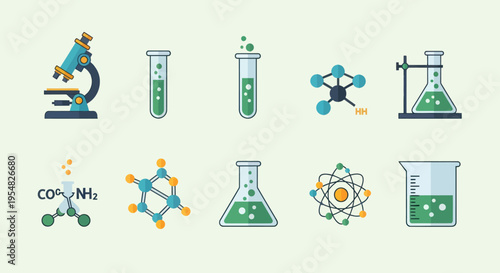 A colorful flat icon set of science and chemistry laboratory equipment including molecules atoms and flasks.