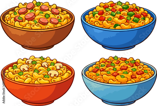 Cartoon Mac and Cheese Bowl Set – Macaroni with Sausage, Vegetables, Mushroom and Meat Toppings Vector Illustration Collection