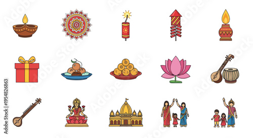 A colorful collection of flat vector icons representing the Hindu festival of Diwali celebration.